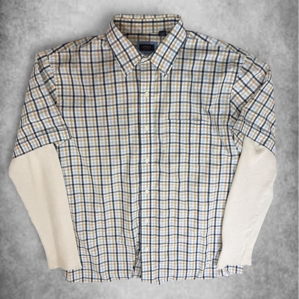 Arrow USA 1851 Mens Plaid Short Sleeve Button Down Shirt Beige Blue Large